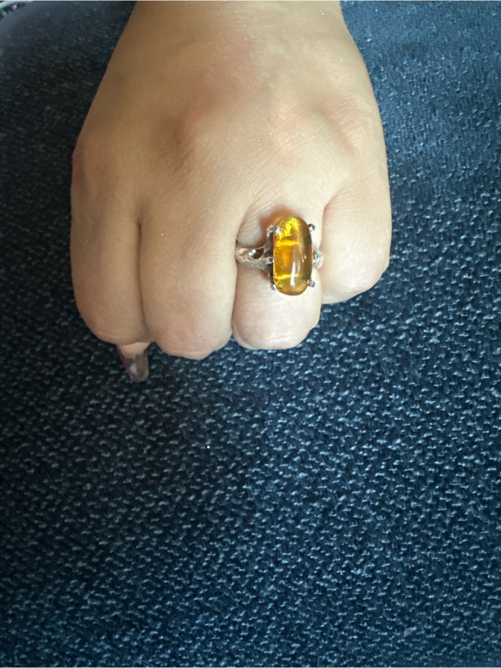 Yellow Amber Cabochon Sterling Ring - Women's Jewelry